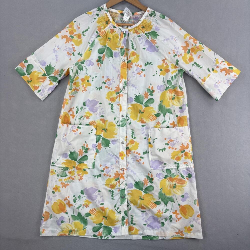 Vintage JCPenney Robe Size 14 White Floral Kaftan Housecoat 3/4 Sleeve Pockets